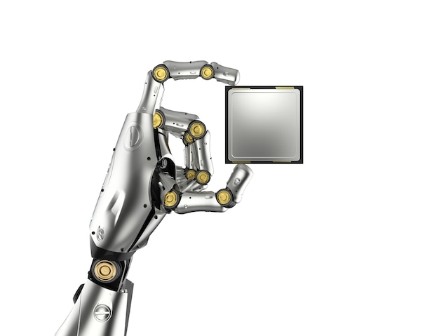 3d-рендеринг руки киборга, держащей чип процессора изолированы
