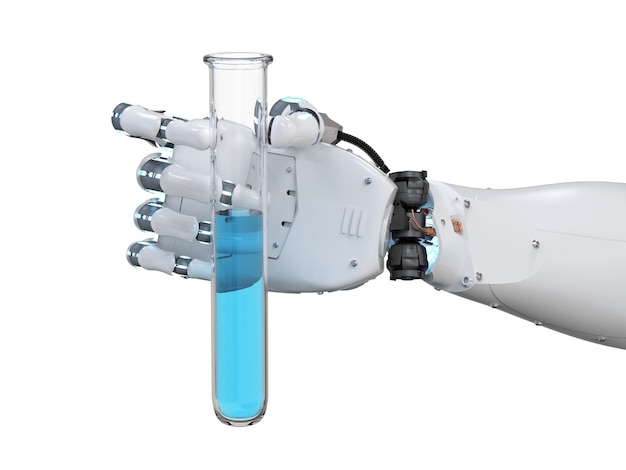3D-rendering cyborg hand met reageerbuis met blauwe vloeistof