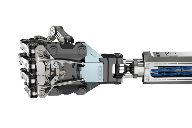 3d-рендеринг руки киборга или роботизированного кулака, изолированного на белом