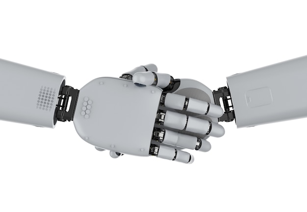 흰색에 고립 된 3d 렌더링 사이보그 손 또는 로봇 손 악수