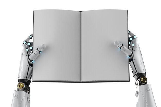 3d rendering cyborg hold blank pages book isolated on white