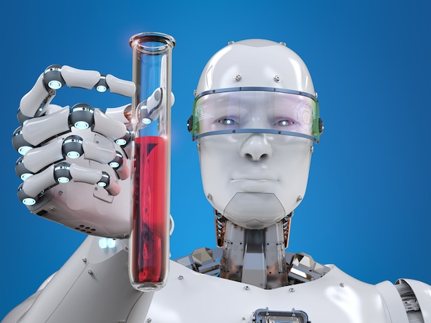 3d rendering cyborg holding test tube with red liquid