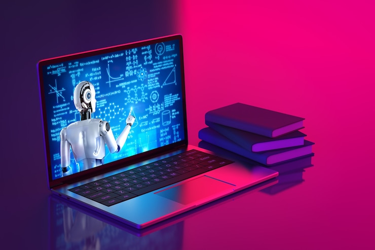 फोटो 3d rendering cyborg teaching or training online on computer notebook
