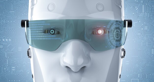 3d rendering cyborg with hud on eyeglasses