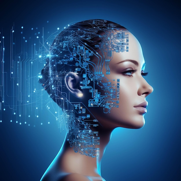 3d rendering of cyborg woman with circuit brain on blue background