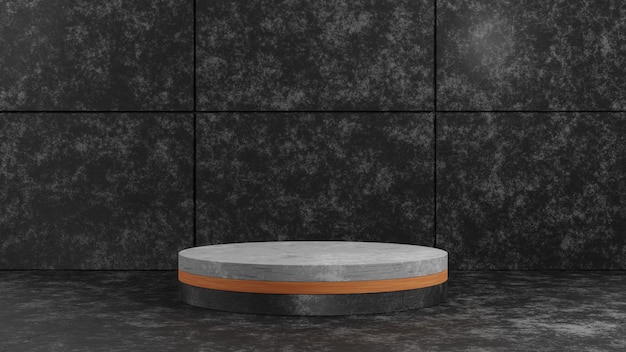 プレゼンテーションテンプレートの暗いセメントテクスチャ背景に3Dレンダリングシリンダーウッドとコンクリート台座表彰台。ジオメトリ展示ステージモックアップコンセプトイラスト。