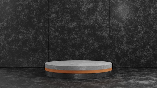 3D rendering cylinder wood and concrete pedestal podium on dark cement texture background for presentation template.Geometry exhibition stage mockup concept illustration.