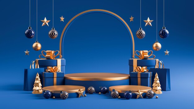 Foto rendering 3d di un podio cilindrico su un babbo natale di natale e un albero di natale, scatole regalo per