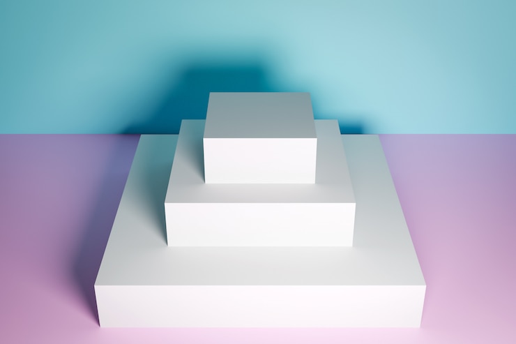 Photo 3d rendering. ð¡lose-up of the white isosceles pyramid, pedestal. a scene from rectangles on a pink floor and a blue wall