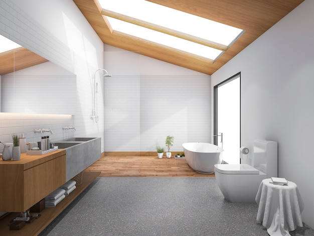 3D-rendering dakraam houten dak met modern design badkamer en toilet