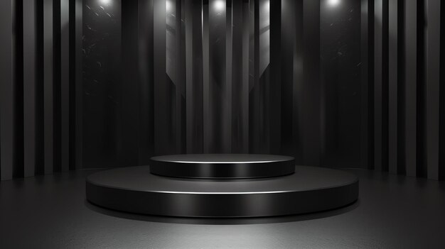 3D rendering of a dark and empty stage with a spotlight The stage is made of black marble and has a glossy finish