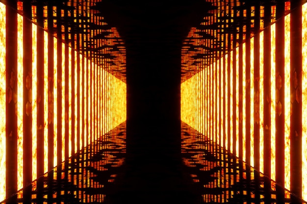 3D rendering dark Illuminated corridor of red neon light. Elegant futuristic neon light on wall.