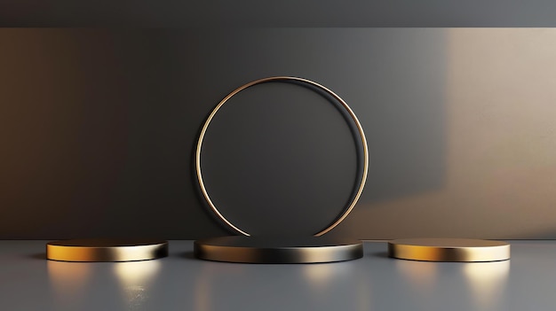 Photo 3d rendering of a dark and luxurious pedestal with a golden halo the pedestal is made of black marble and has a smooth reflective surface