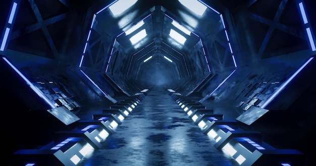 파란색 네온 불빛이 있는 3d 렌더링 어두운 금속 공상 과학 복도