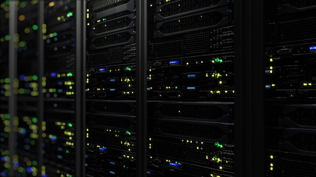 Photo 3d rendering of a dark modern server room data center in the storage center