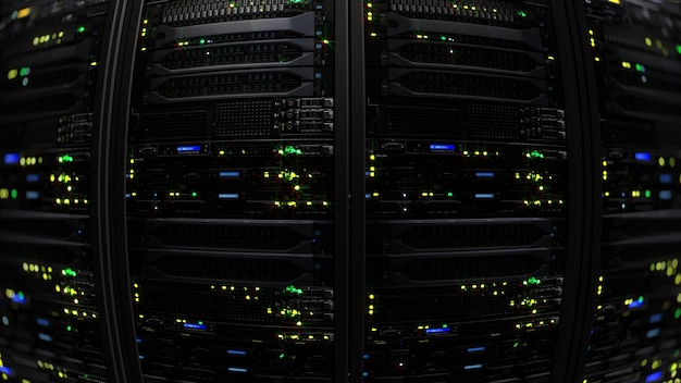 3D rendering of a dark modern server room data center in the storage center