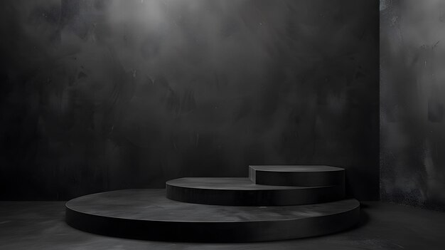 3D rendering of a dark and moody product display The black podium is lit by a single spotlight creating a dramatic and eyecatching scene