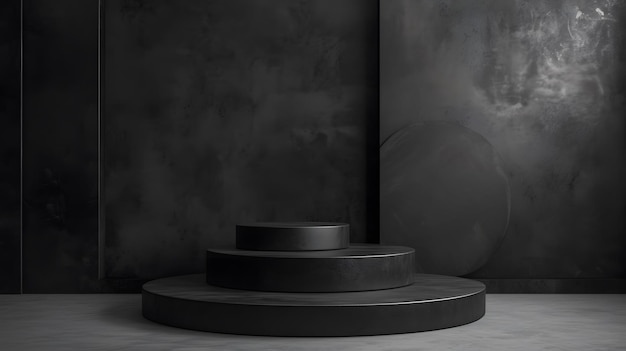 3D rendering of a dark and moody product display The black podiums are set against a dark background with a spotlight shining down on them
