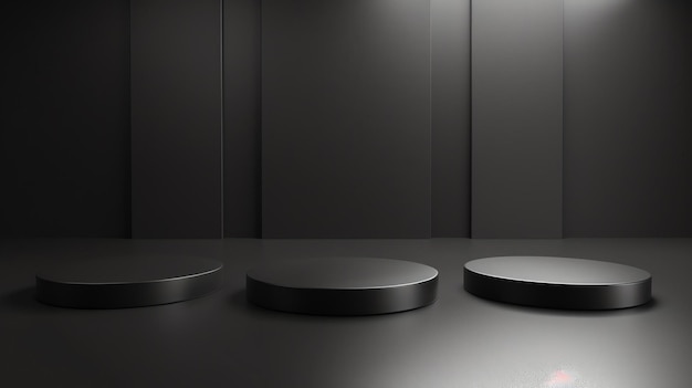 3D rendering of a dark and moody product display The three black pedestals are lit by a single spotlight creating a dramatic and eyecatching scene