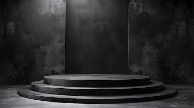 3D rendering of a dark and moody stage or podium The spotlight is on an empty pedestal with a dark background and grunge concrete walls