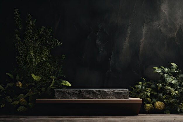 3d-рендеринг темного камня, зеленого натурального продукта, витрины роскошного подиума, макет фона сцены