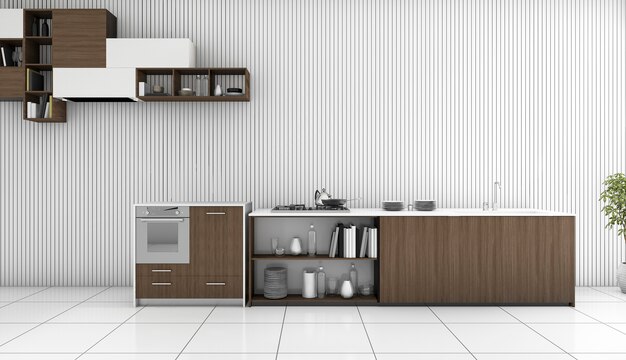 3d rendering dark wood counter kitchen in white room