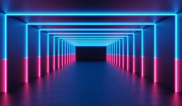 Rendering 3d camera oscura con luce laser al neon luminosa sala scifi tunnel rosa e blu abstract