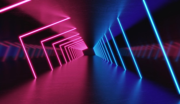 Foto rendering 3d camera oscura con luce laser al neon luminosa sala scifi tunnel rosa e blu abstract