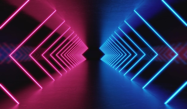 3D Rendering darkroom with glowing neon laser light pink and blue tunnel scifi room Abstract