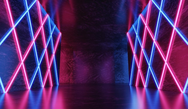 빛나는 네온 레이저 라이트 핑크와 블루 터널 공상 과학 룸 추상과 3D 렌더링 암실