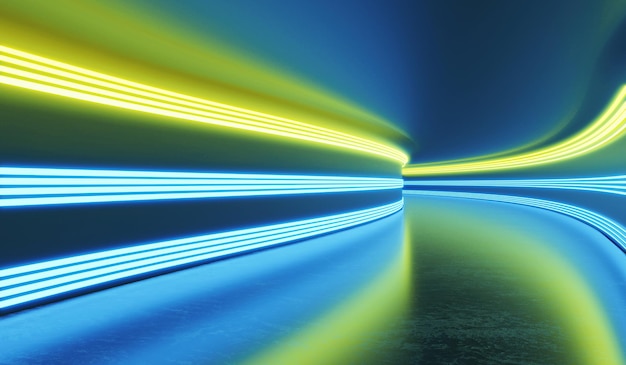 3D-рендеринг темной комнаты со светящимся неоновым лазерным светом желтого и синего туннеля научной фантастики