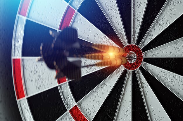 3d rendering of darts stuck in a target