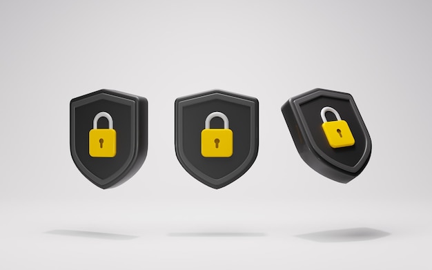 3D Rendering Data security concept. Protection, safety, password, shield icon symbols black pack