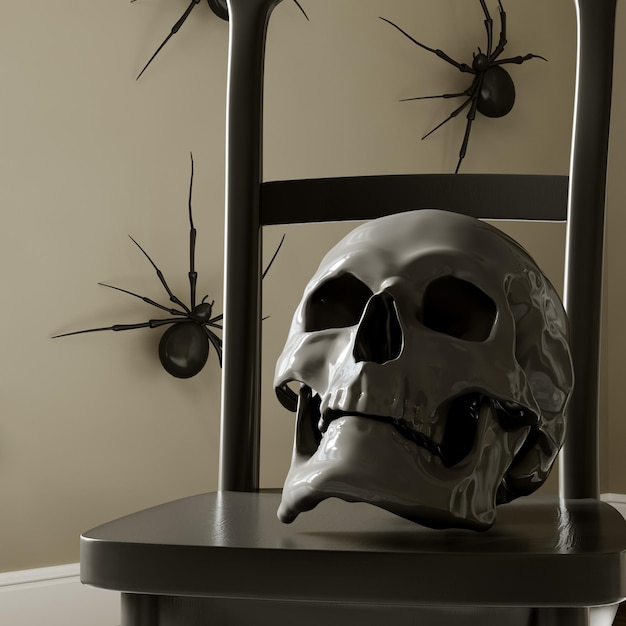 3D-rendering Decoratieve zwarte schedel op een stoel Halloween