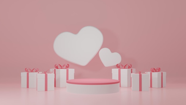 3d rendering Decorative gift box around product stand  love and valentines day celebrate