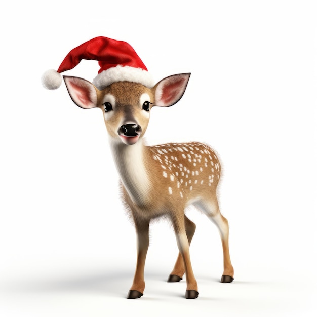 3d Rendering Of Deer With Red Nose And Santa Hat On White Background