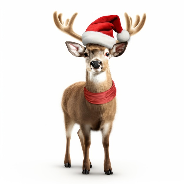 3d Rendering Of Deer With Red Nose And Santa Hat On White Background