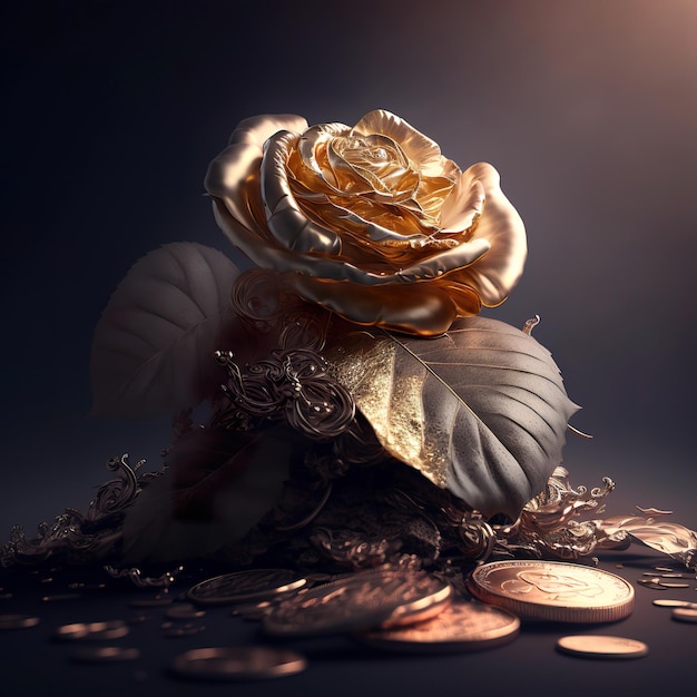 3D rendering a delicate rose lying on top of a pile of gold coins