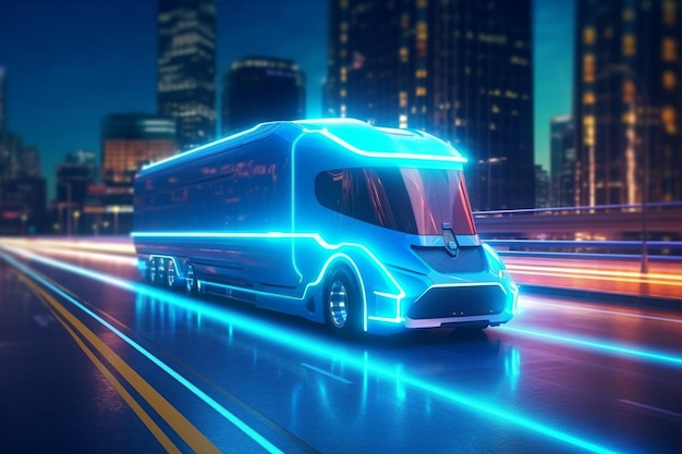 3d rendering of a delivery van with neon lights on the road