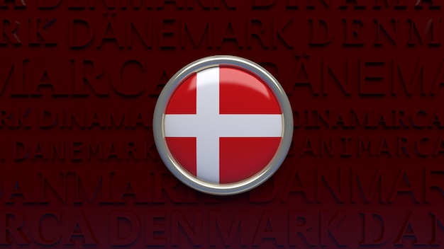 3d rendering of an Denmark national flag in glossy button on dark red