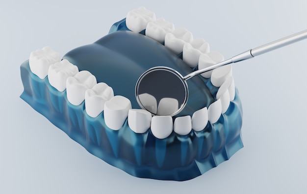 Rendering 3d specchio dentale e dentale con gomma trasparente