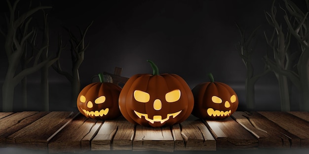 3d Rendering For design halloween banner with pumpkincrucifix skull grave on wooden background