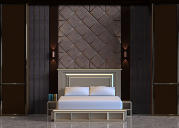 3d rendering of design interior bed room with wall panel padded wall