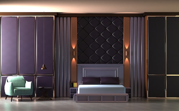 3d rendering of design interior bed room with wall panel padded wall