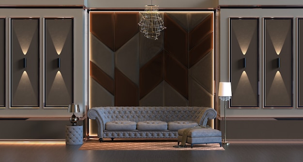 3d rendering of design interior living room with lamp and padded wall panel