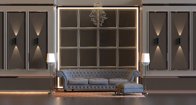 Photo 3d rendering of design interior living room with lamp and padded wall panel