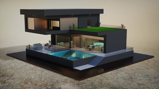 3d rendering design esterno moderno dell'illustrazione del modello di casa con piscina