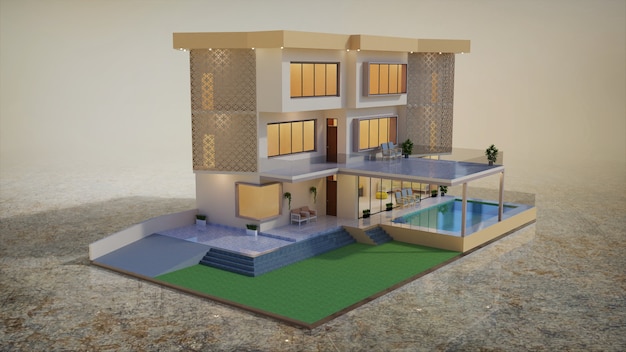 3d rendering design esterno moderno dell'illustrazione del modello di casa con piscina