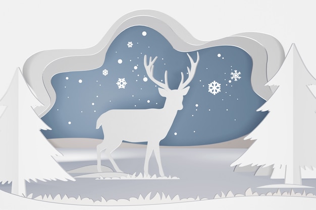 3D rendering design, Paper art and craft style of Deer in the forest with snowflake.