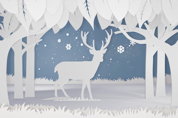 3D rendering design, Paper art and craft style of Deer in the forest with snowflake.